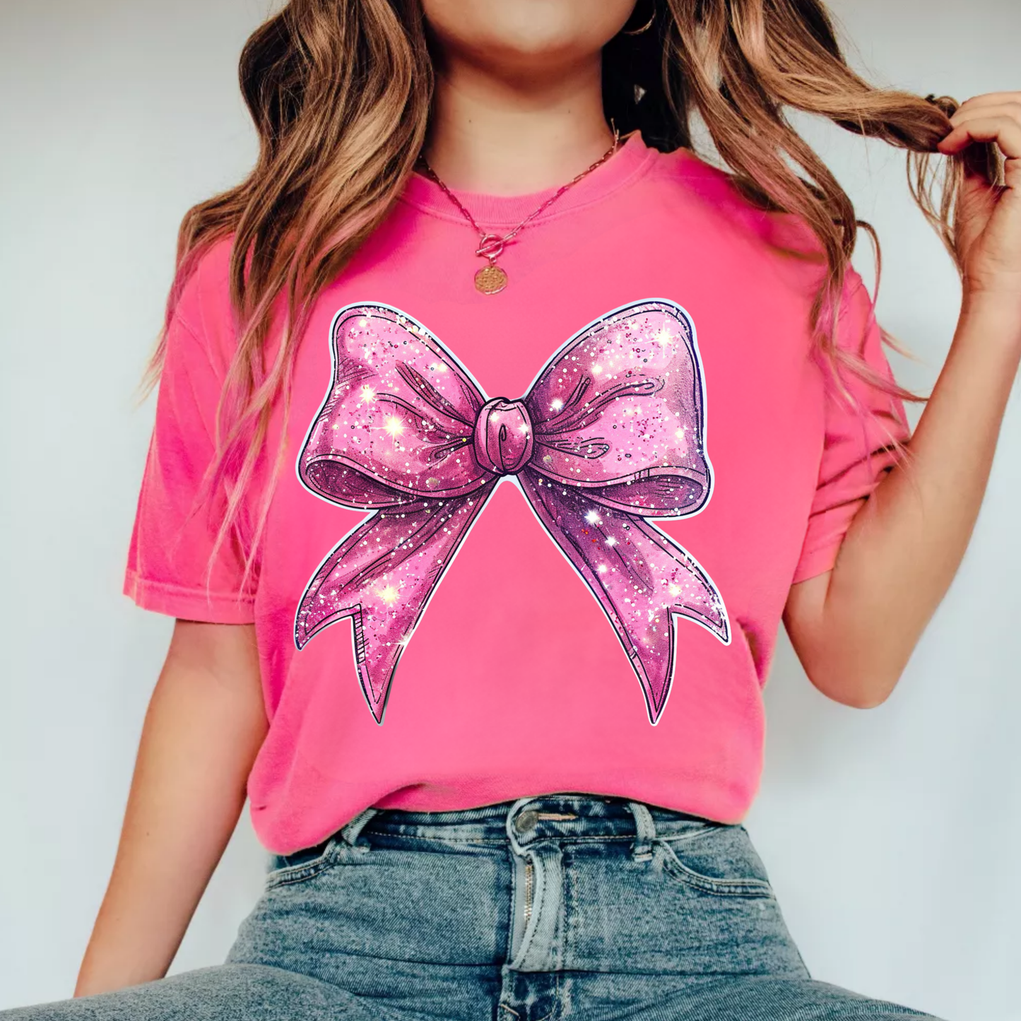 Pink Faux Glitter Bow - Clear Film Transfer