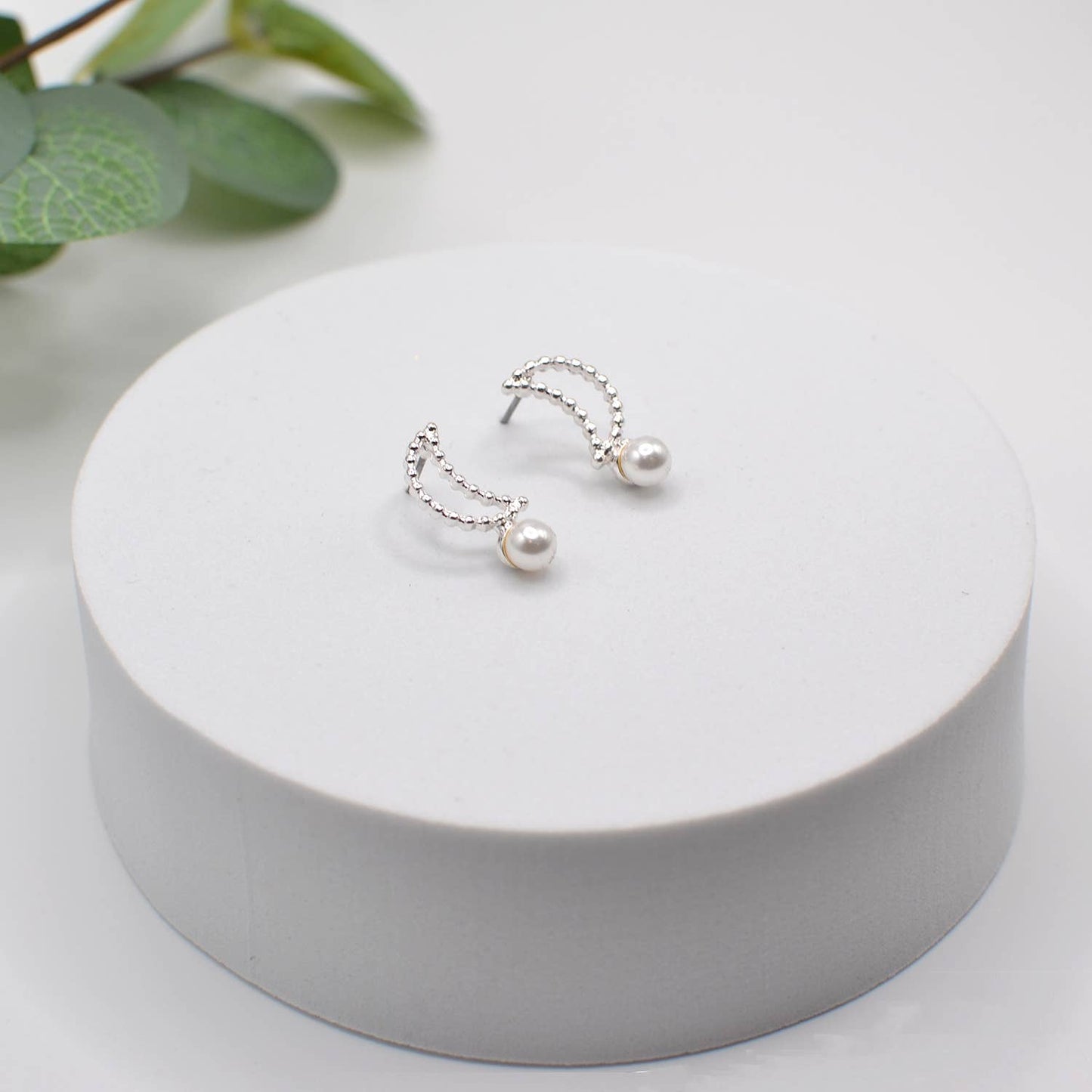 Brass Open Textured Moon with Pearl Post Earrings