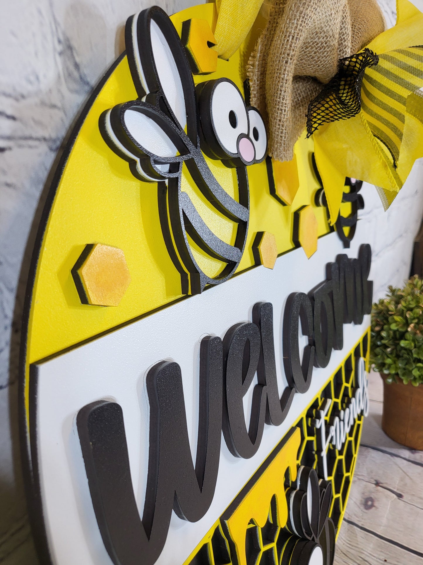 Welcome Friends Cartoon Bee Door Hanger