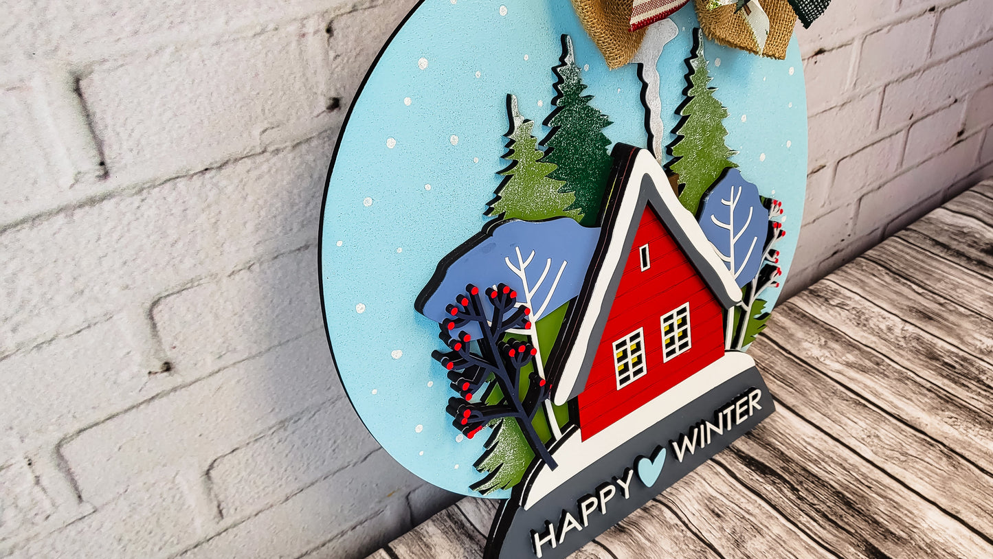 3D Snow Globe Happy Winter House Door Hanger Sign
