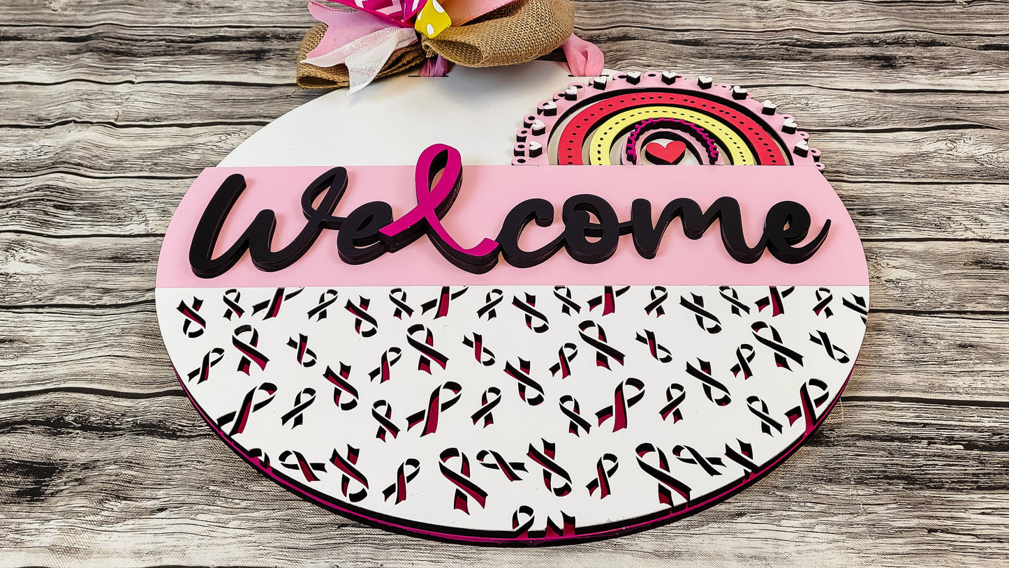 Breast Cancer Awareness Ribbons and Rainbow Door Hanger