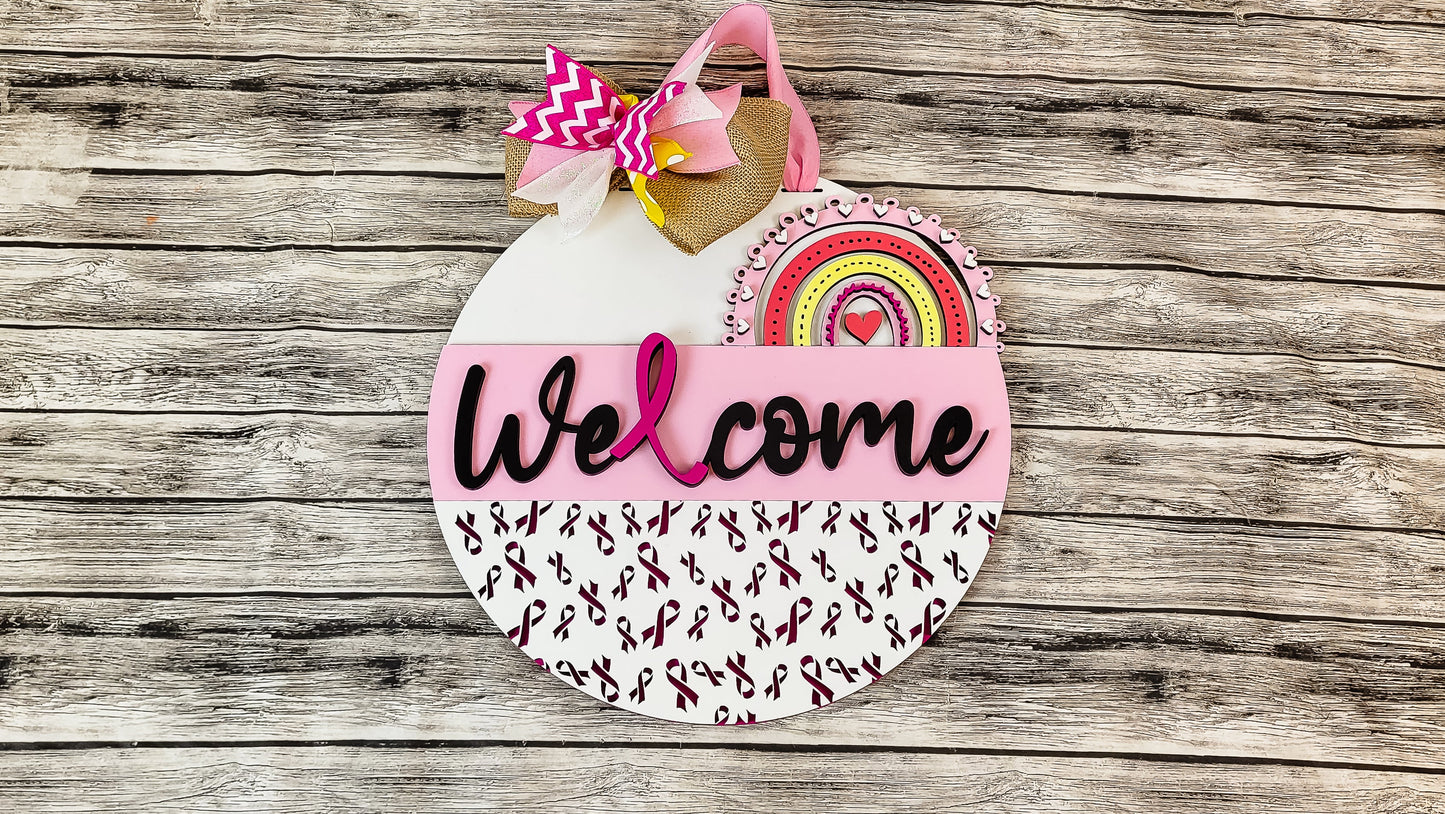 Breast Cancer Awareness Ribbons and Rainbow Door Hanger
