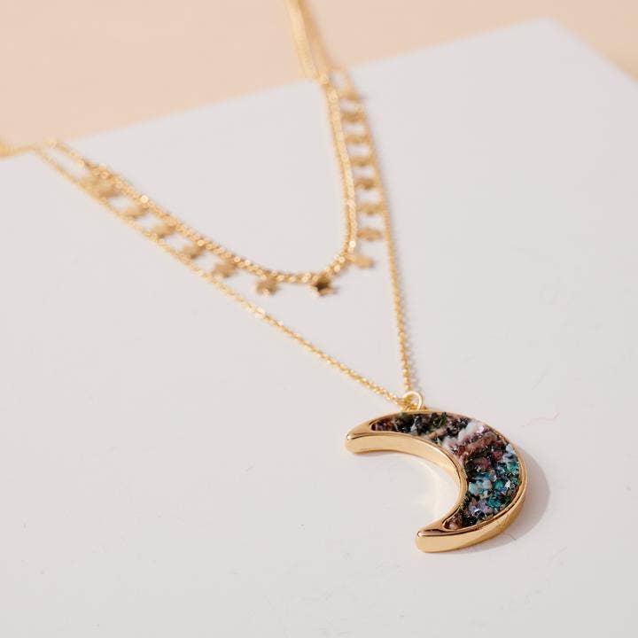 Crescent Moon Pendant with Star Charms Layered Necklace