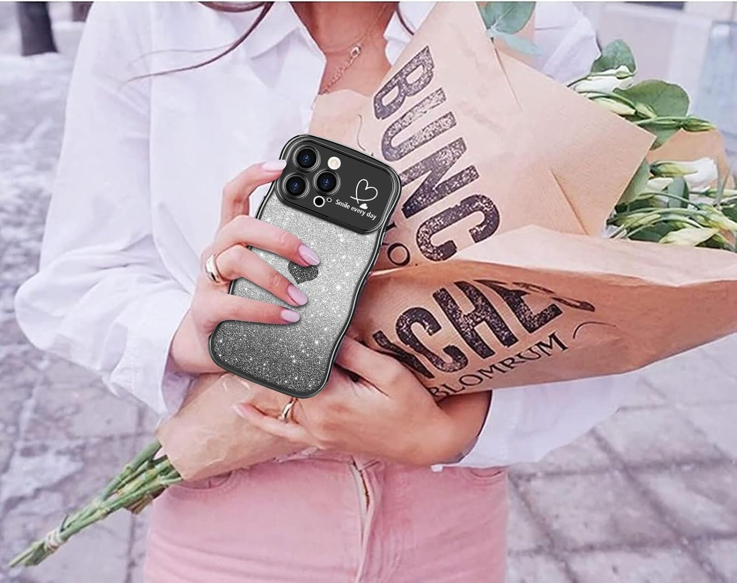 Wavy Frame Love Heart Glitter iPhone Case 15 Pro Max