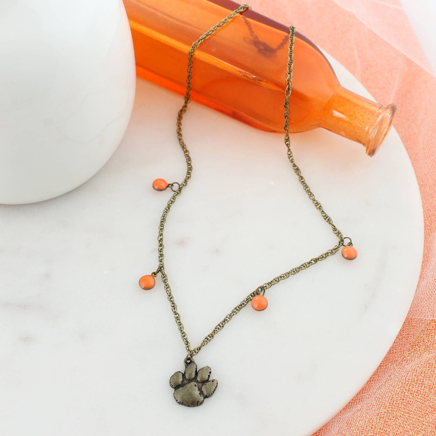 Vintage Bronze Clemson Paw Necklace with Orange Enamel Dots – Officially Licensed