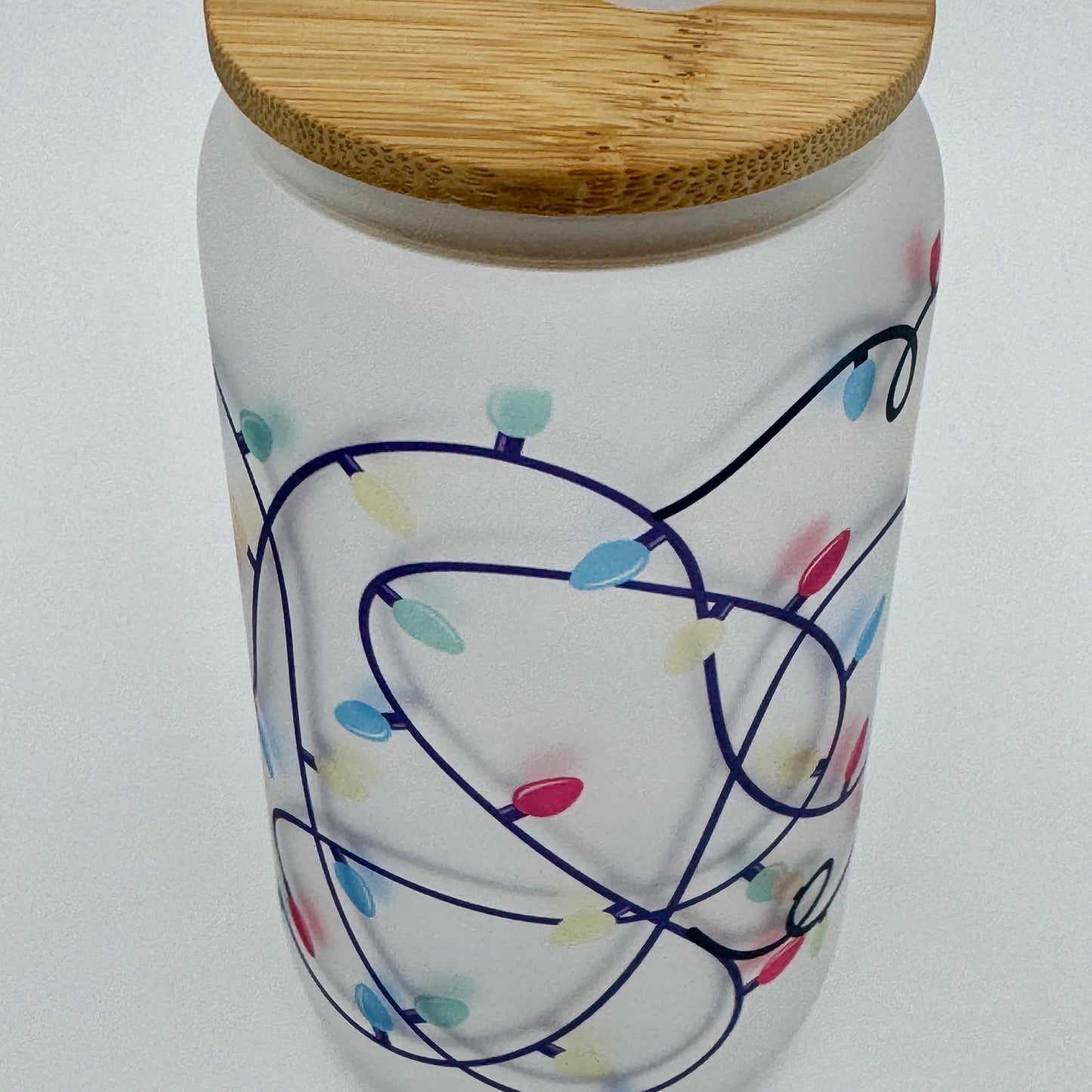 16oz Christmas Lights Xmas Glass Can Tumbler With Straw, rubber bottom & Bamboo Lid