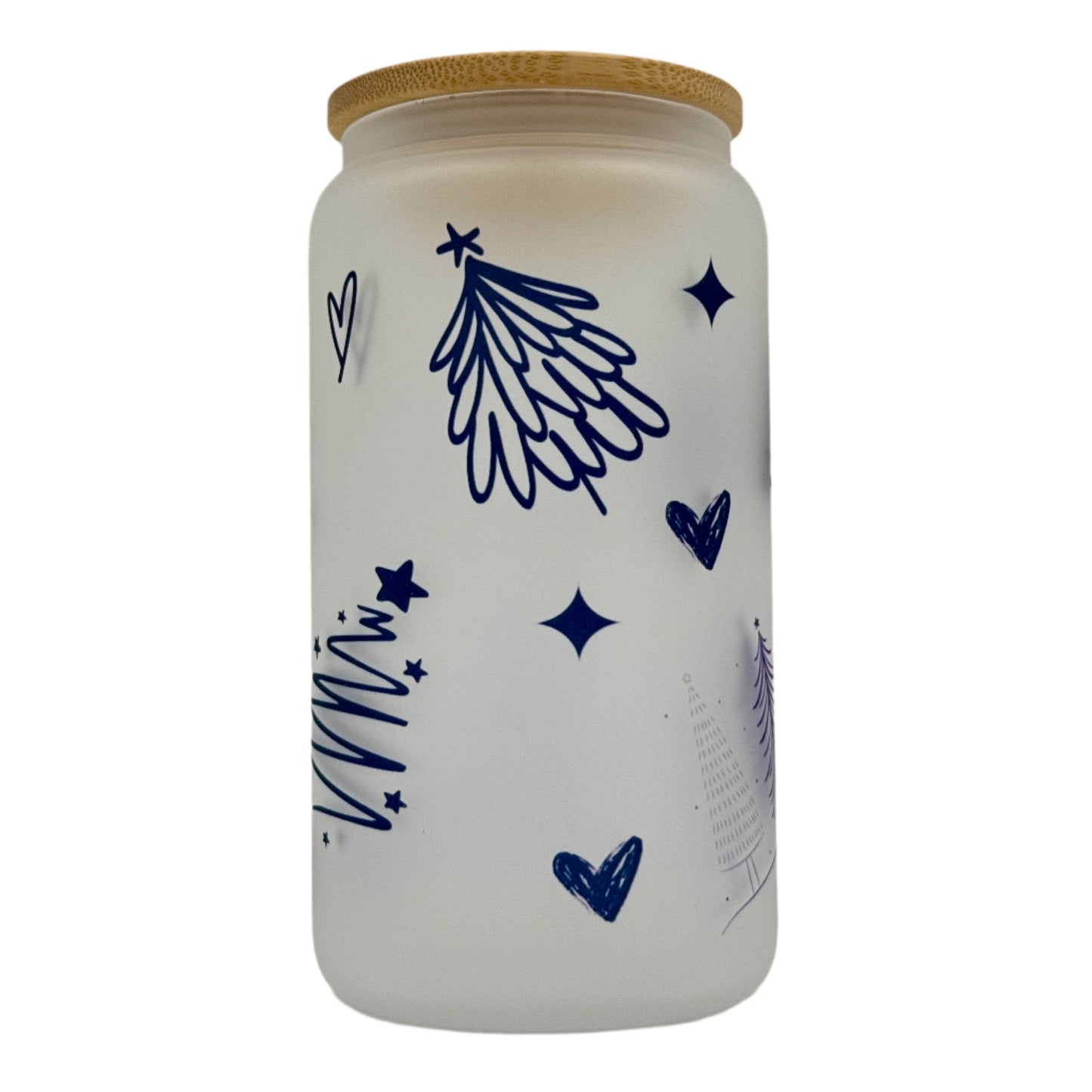 16oz Christmas Tree Xmas Glass Can Tumbler With Straw, rubber bottom & Bamboo Lid