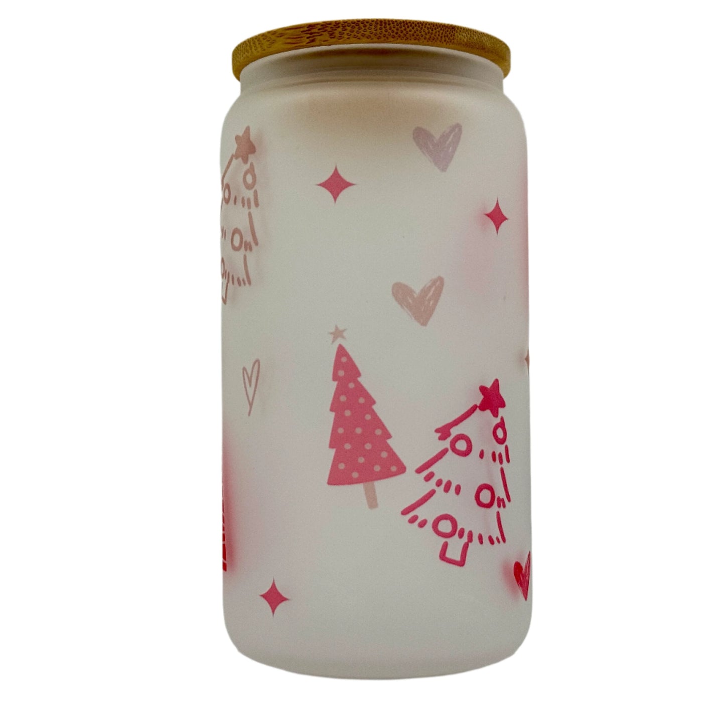 16oz Red Christmas Tree Xmas Glass Can Tumbler With Straw, rubber bottom & Bamboo Lid