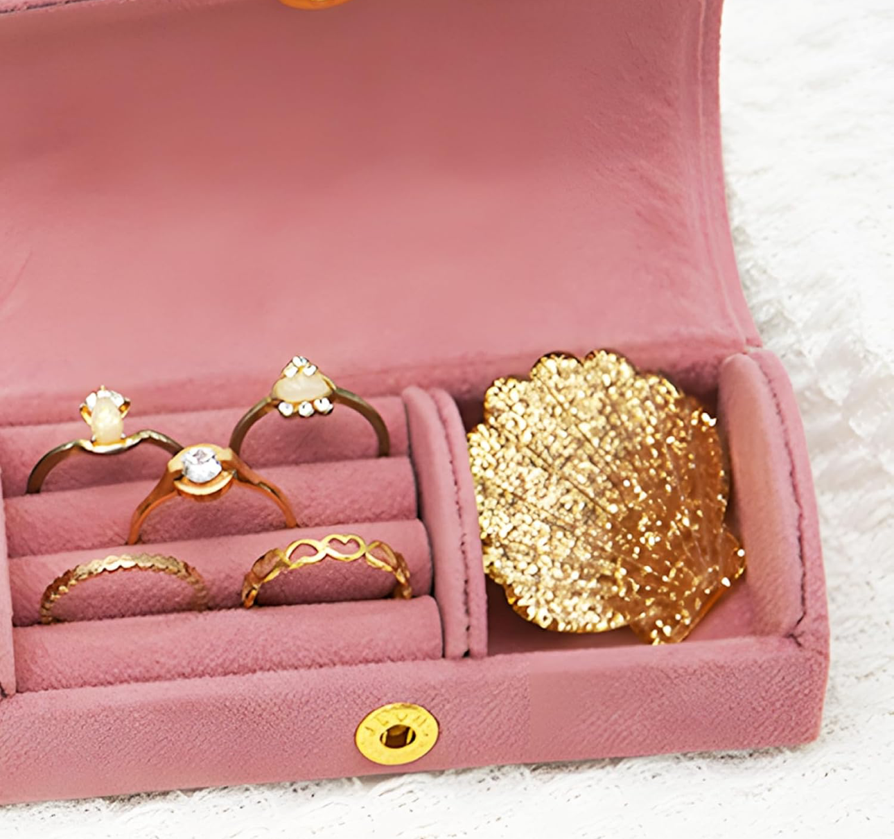 Pink Faux Velvet Compact Jewelry Storage Box