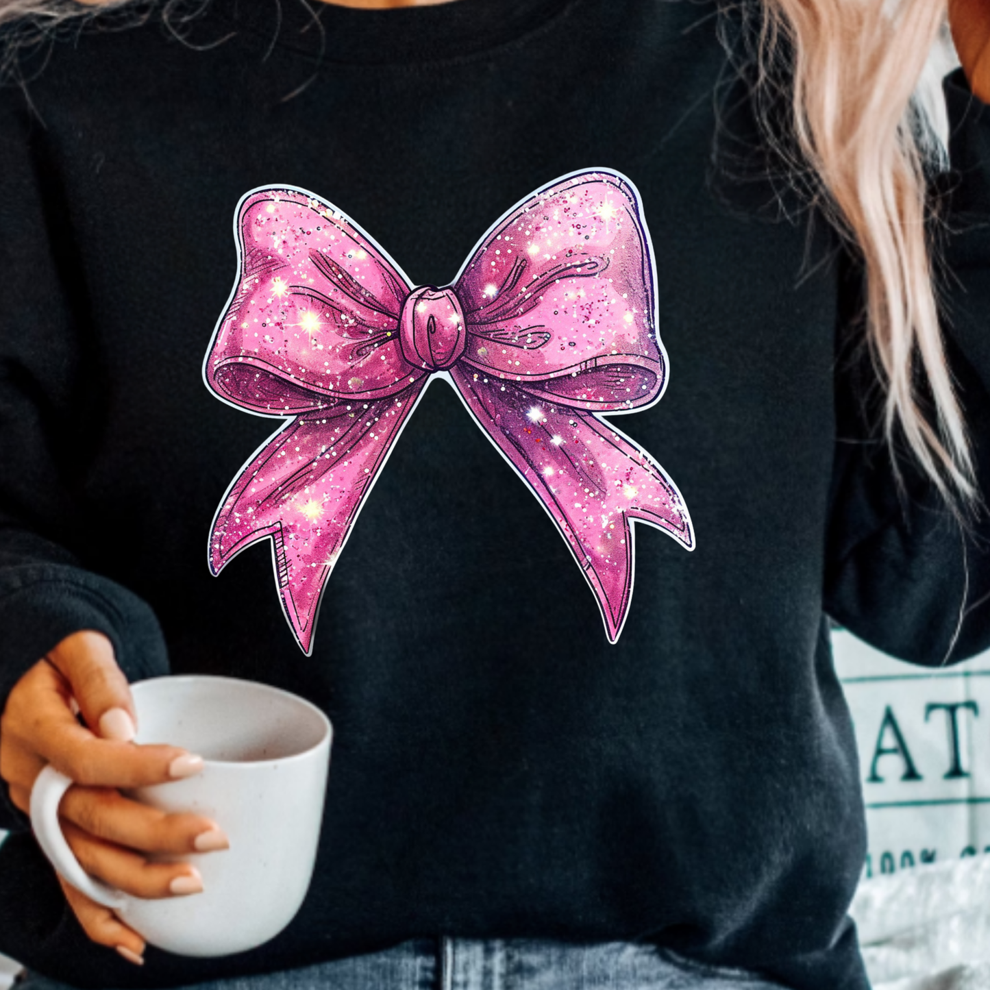 Pink Faux Glitter Bow - Clear Film Transfer