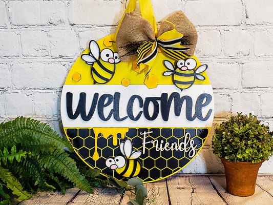 Welcome Friends Cartoon Bee Door Hanger