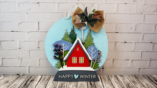 3D Snow Globe Happy Winter House Door Hanger Sign