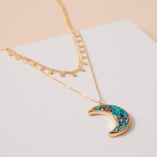 Crescent Moon Pendant with Star Charms Layered Necklace