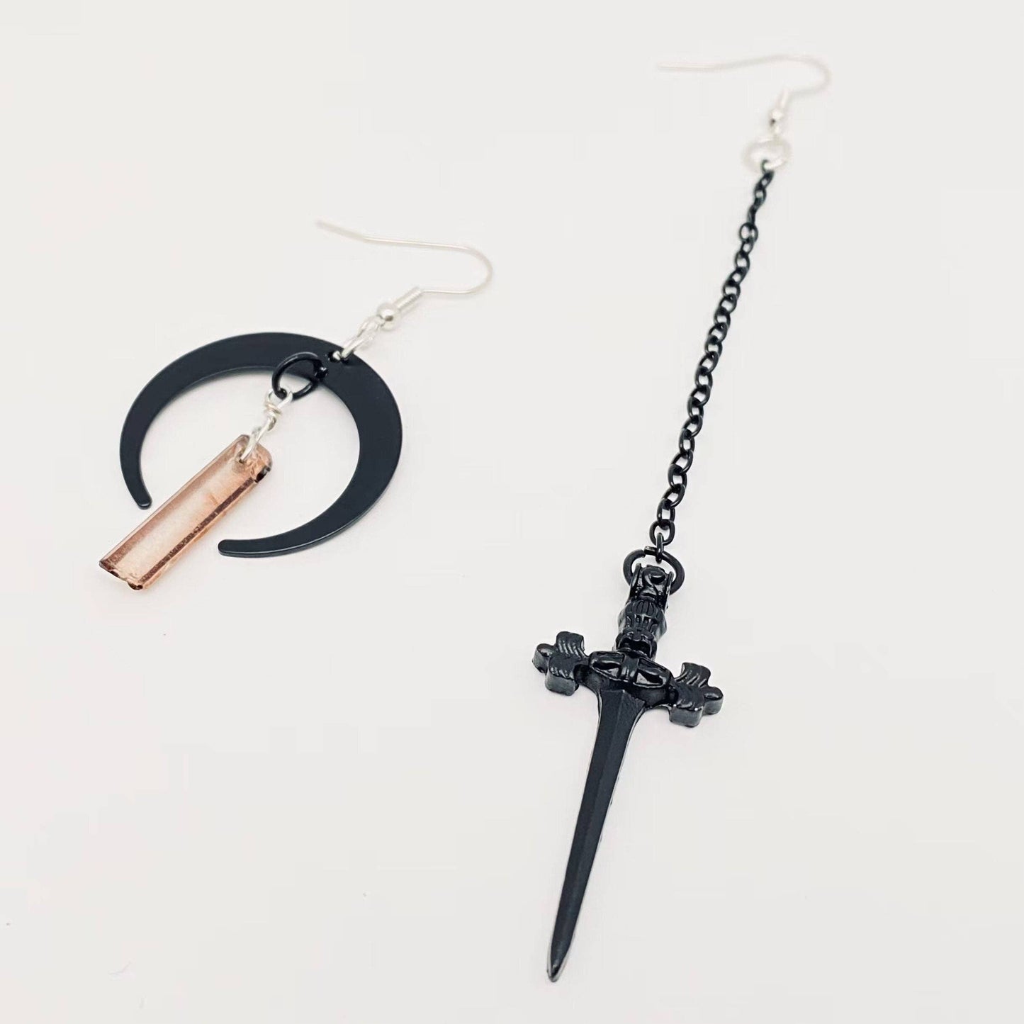 Asymmetrical Moon & Dagger Drop Earrings