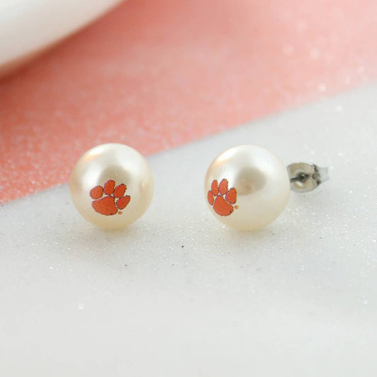 Clemson Logo Pearl Stud Earrings, Officially Licensed