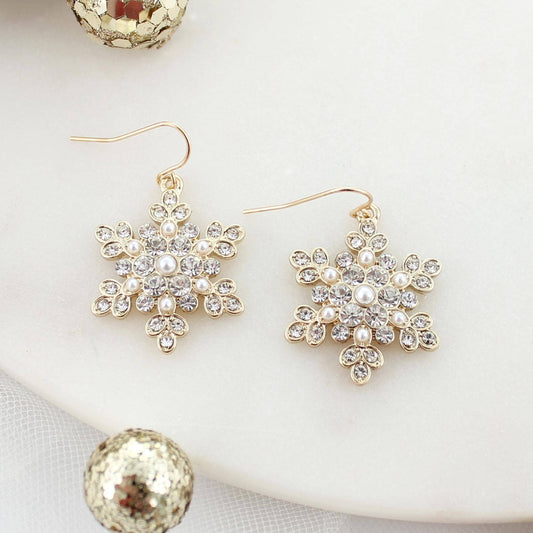 Gold Pearl & Crystal Snowflake Christmas Earrings