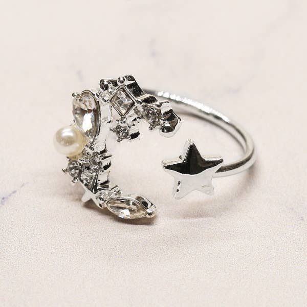 Rhinestone Pearl Inset Crescent Moon & Star Open Band Ring