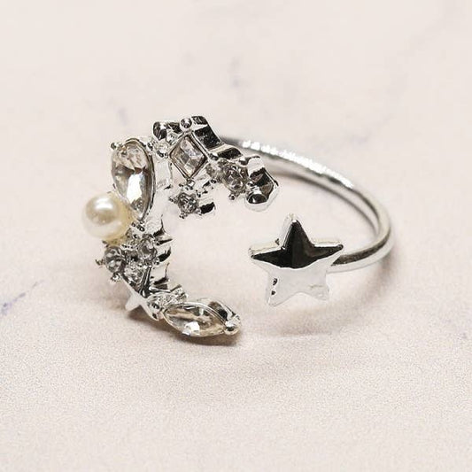 Rhinestone Pearl Inset Crescent Moon & Star Open Band Ring