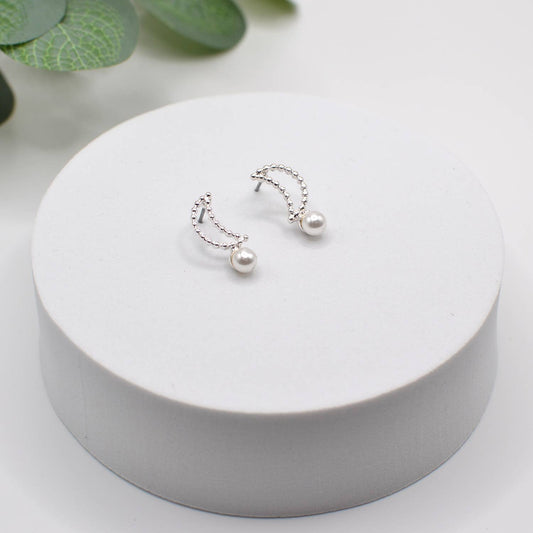 Brass Open Textured Moon with Pearl Post Earrings