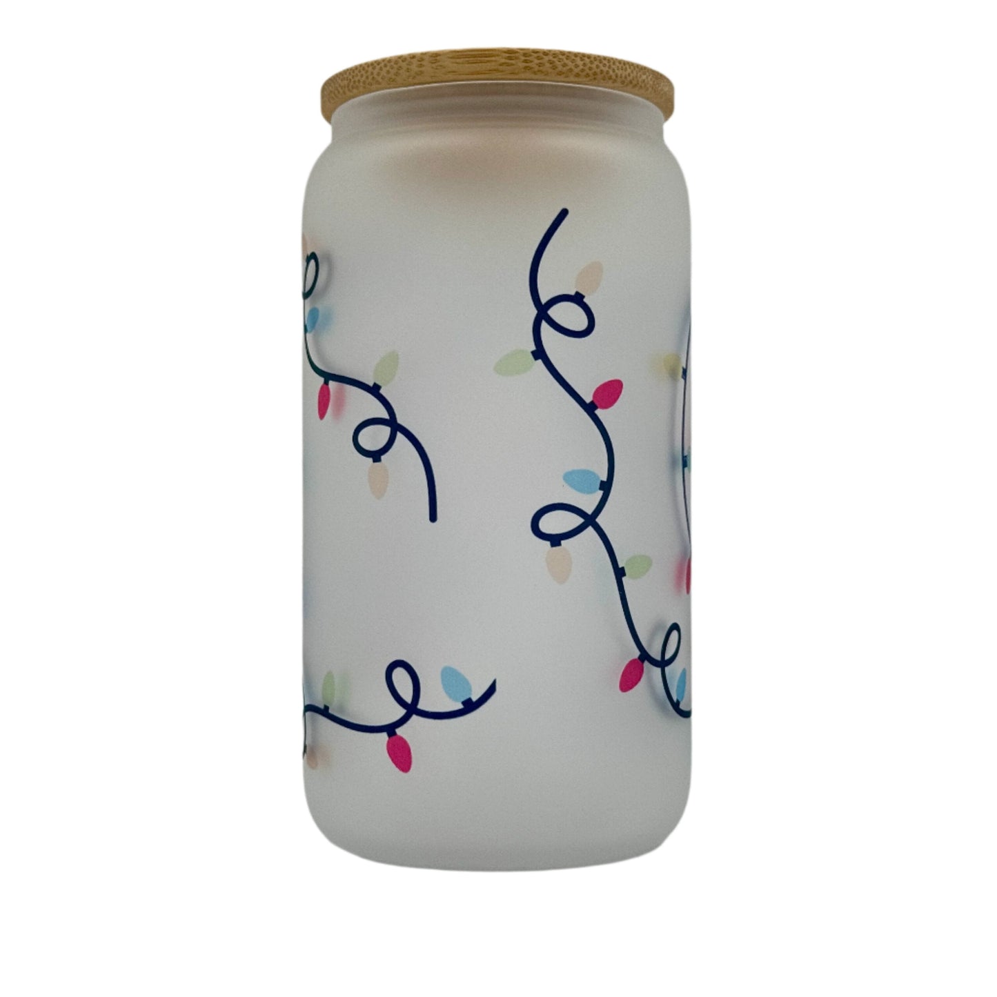 16oz Christmas Lights Xmas Glass Can Tumbler With Straw, rubber bottom & Bamboo Lid