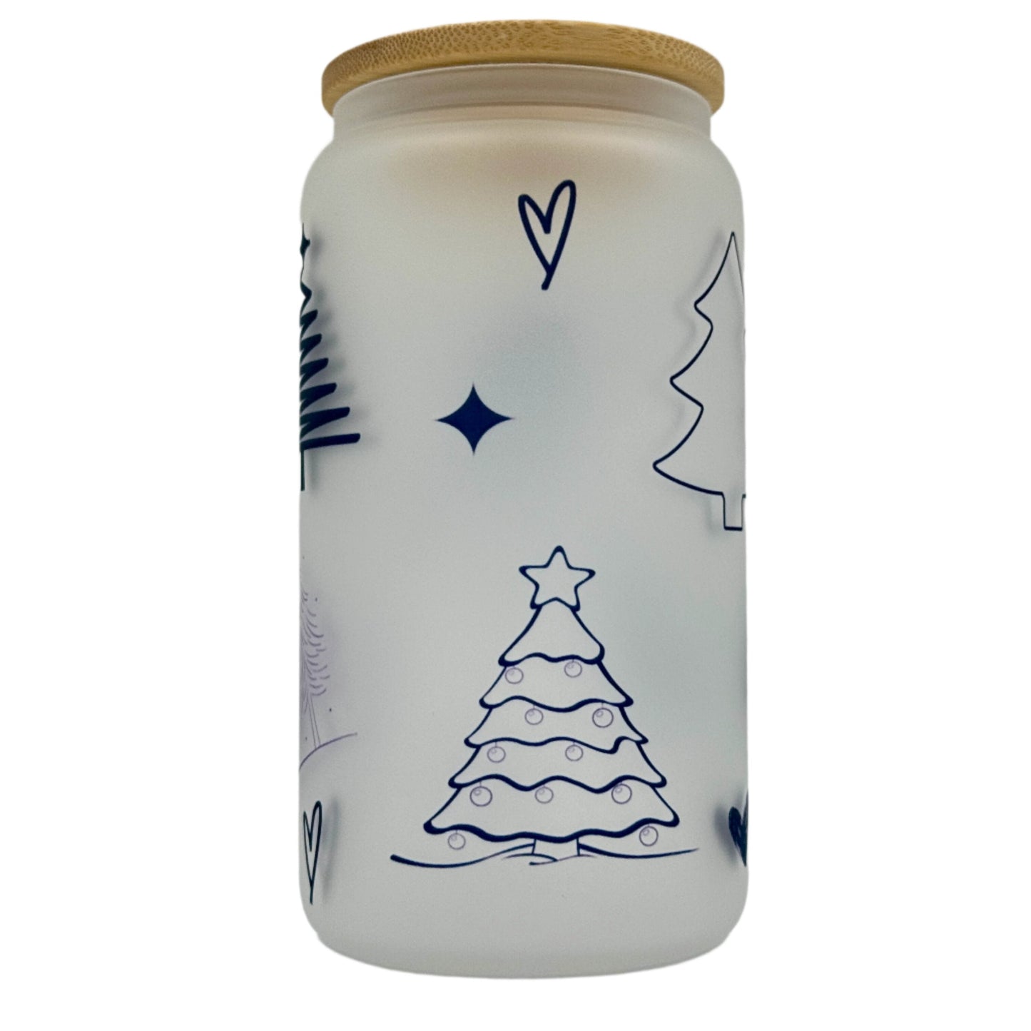 16oz Christmas Tree Xmas Glass Can Tumbler With Straw, rubber bottom & Bamboo Lid