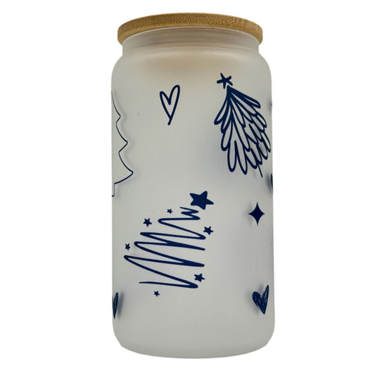 16oz Christmas Tree Xmas Glass Can Tumbler With Straw, rubber bottom & Bamboo Lid