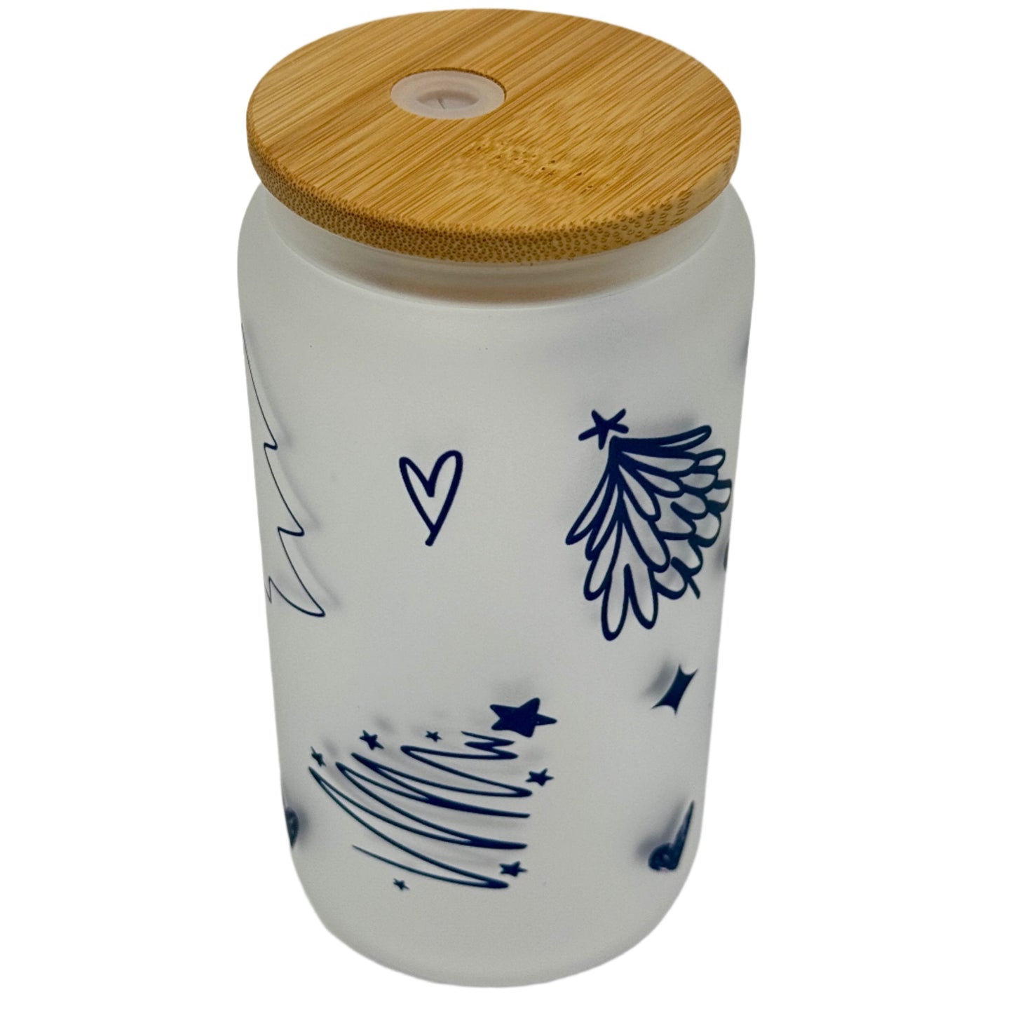 16oz Christmas Tree Xmas Glass Can Tumbler With Straw, rubber bottom & Bamboo Lid
