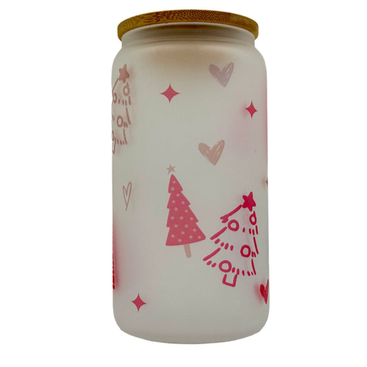 16oz Red Christmas Tree Xmas Glass Can Tumbler With Straw, rubber bottom & Bamboo Lid