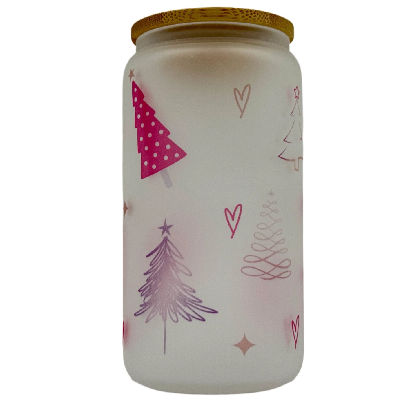16oz Red Christmas Tree Xmas Glass Can Tumbler With Straw, rubber bottom & Bamboo Lid