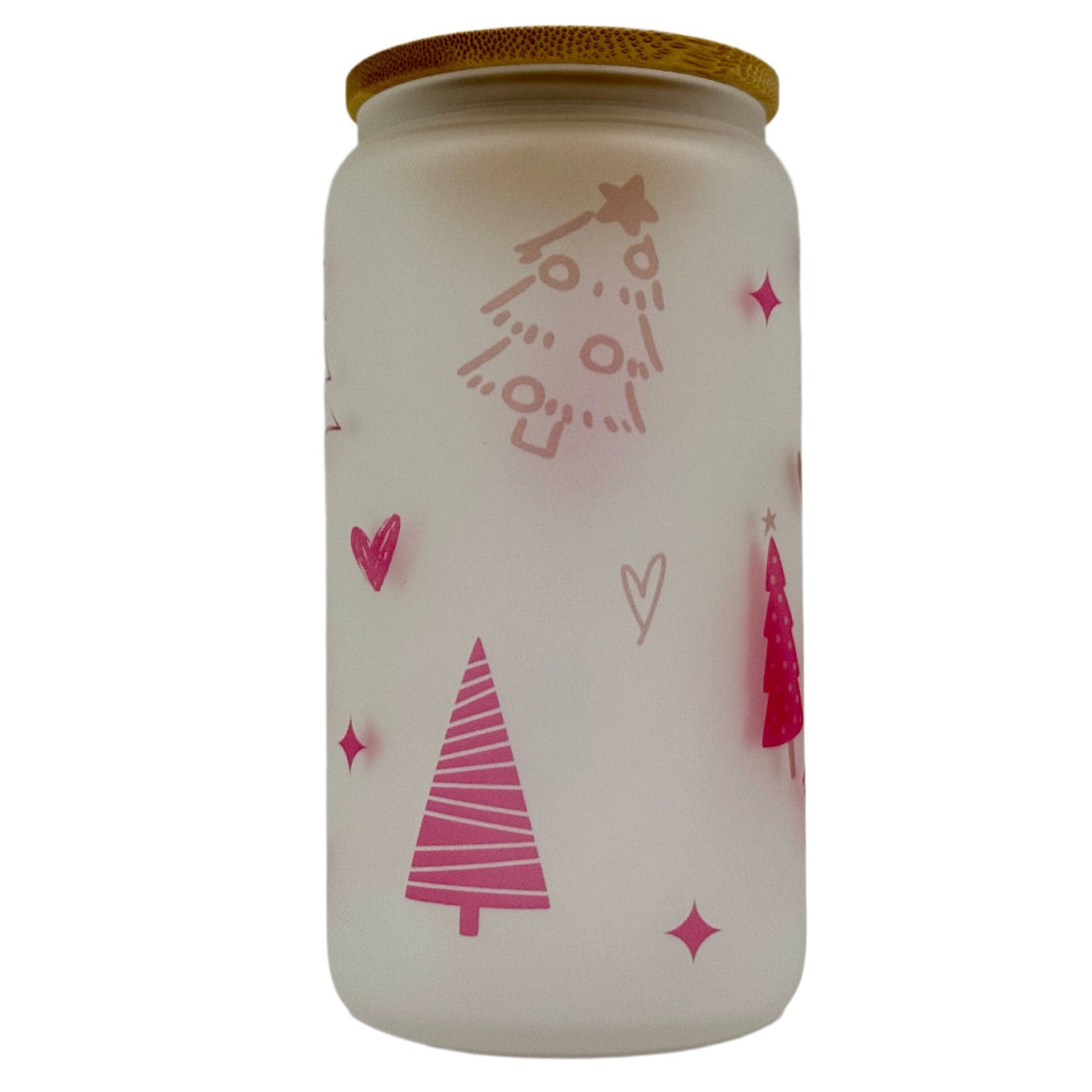 16oz Red Christmas Tree Xmas Glass Can Tumbler With Straw, rubber bottom & Bamboo Lid