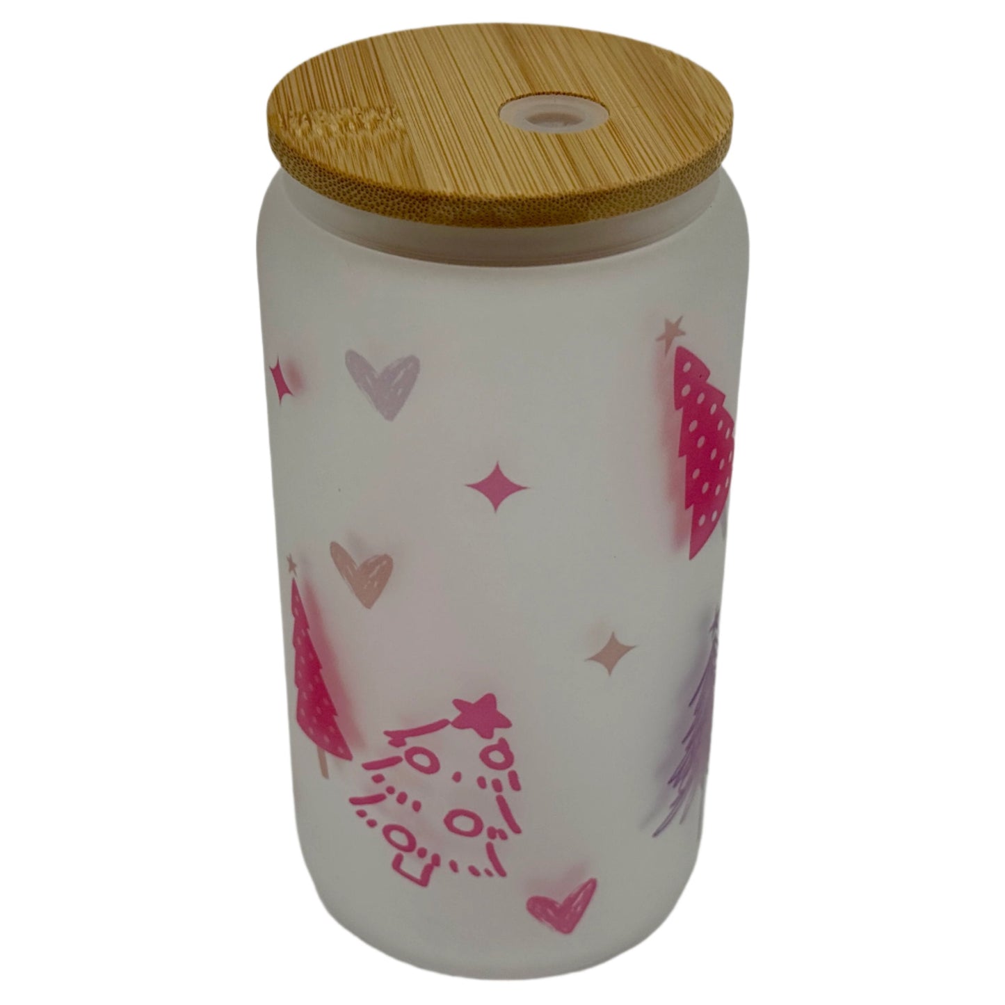 16oz Red Christmas Tree Xmas Glass Can Tumbler With Straw, rubber bottom & Bamboo Lid