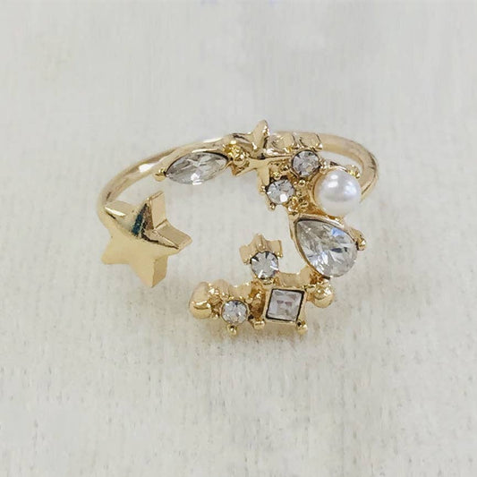Rhinestone Pearl Inset Crescent Moon & Star Open Band Ring