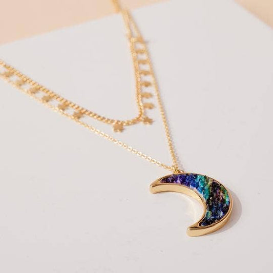 Crescent Moon Pendant with Star Charms Layered Necklace
