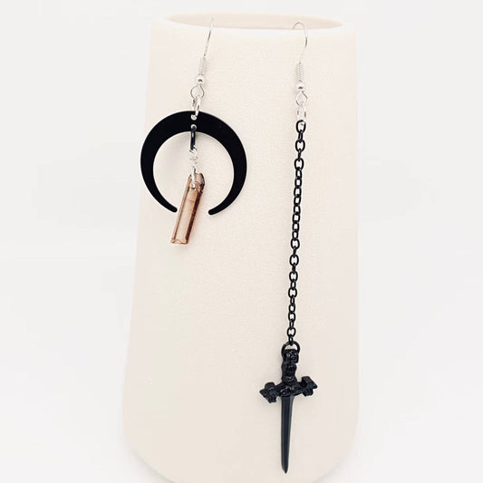 Asymmetrical Moon & Dagger Drop Earrings